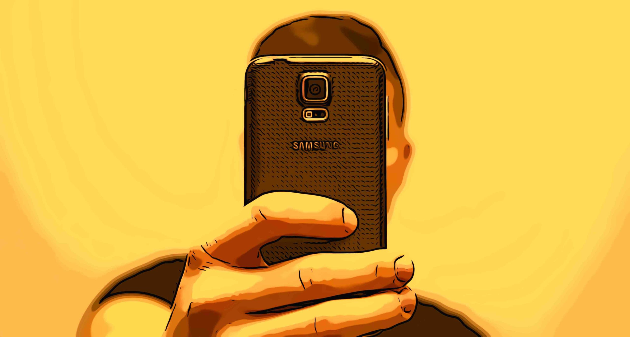 Junger Mann verdeckt sein Gesicht mit dem Smartphone beim Schießen eines Selfies